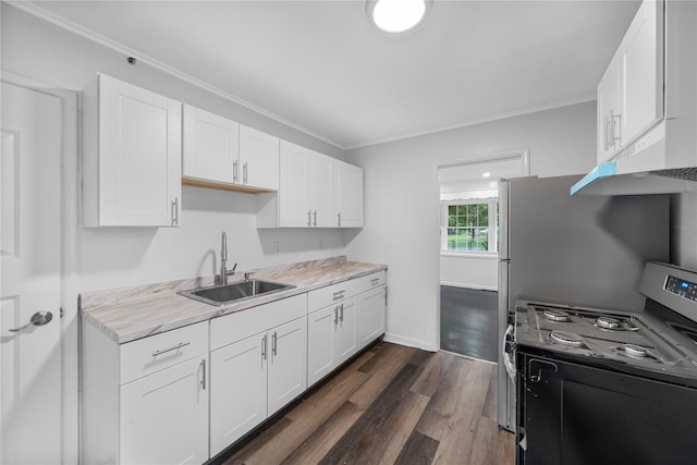13 Barnett Rd E, Monroe, NY 10950 - kitchen with stainless steel electric stove, a sink, white cabinetry, dark wood finished floors, and ornamental molding