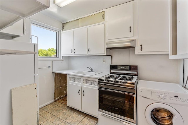 220-29 73rd Ave Lower, Lower, Oakland Gardens, NY 11364 - kitchen with washer / clothes dryer, exhaust hood, gas range oven, a sink, and light countertops