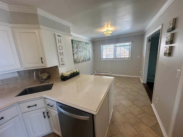 kitchen with stainless steel dishwasher, a sink, a peninsula, stone finish floors, and white cabinetry