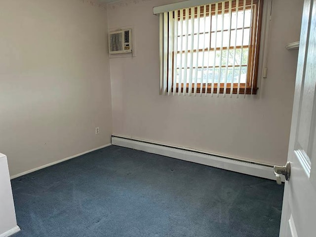 unfurnished room featuring baseboard heating, carpet floors, a wall mounted air conditioner, and baseboards