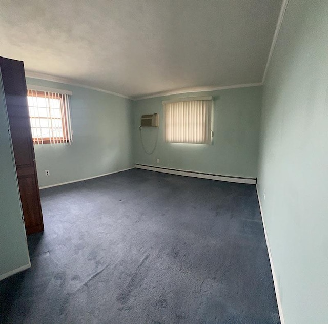 899 E Meadow Ave, North Bellmore, NY 11710 - carpeted empty room featuring baseboard heating, ornamental molding, baseboards, and a wall mounted air conditioner