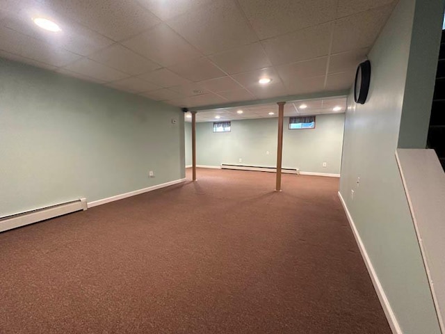 899 E Meadow Ave, North Bellmore, NY 11710 - finished below grade area with a baseboard radiator, carpet flooring, baseboards, recessed lighting, and a drop ceiling