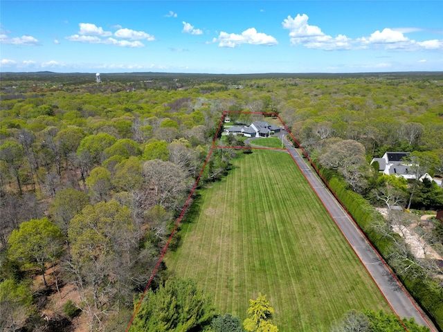 124 Montauk Hwy, Westhampton, NY 11977 - aerial view of property and surrounding area featuring a forest and property boundaries highlighted