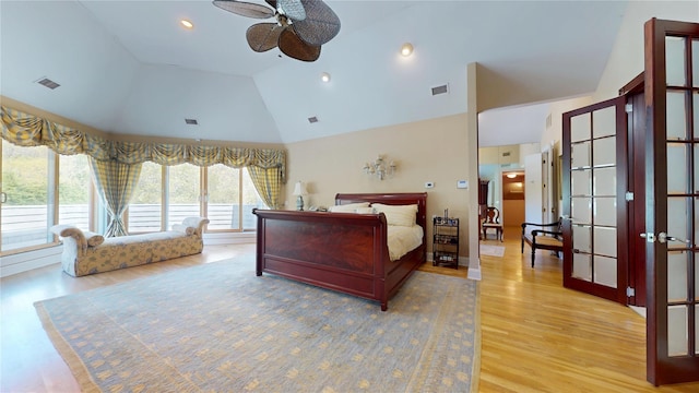 124 Montauk Hwy, Westhampton, NY 11977 - bedroom featuring wood finished floors, french doors, high vaulted ceiling, access to outside, and recessed lighting