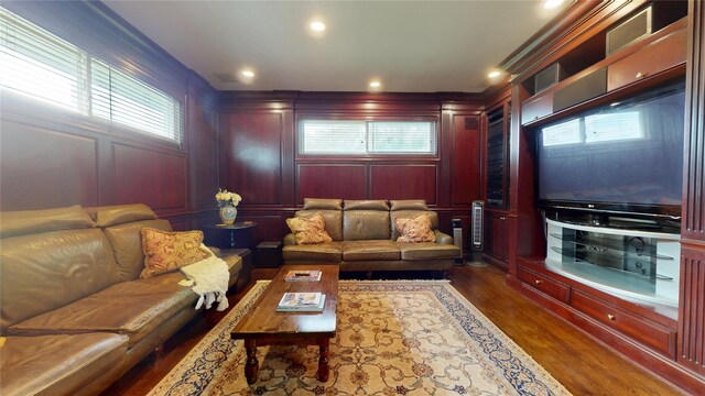124 Montauk Hwy, Westhampton, NY 11977 - living area with a decorative wall, dark wood finished floors, and recessed lighting