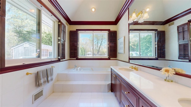 124 Montauk Hwy, Westhampton, NY 11977 - bathroom featuring vaulted ceiling, double vanity, a bath, ornamental molding, and tile patterned floors
