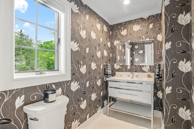 92 Random Farms Dr, Chappaqua, NY 10514 - bathroom with wallpapered walls, ornamental molding, healthy amount of natural light, vanity, and toilet
