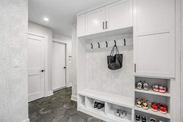 92 Random Farms Dr, Chappaqua, NY 10514 - mudroom featuring recessed lighting and dark tile patterned floors