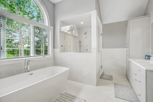 92 Random Farms Dr, Chappaqua, NY 10514 - bathroom with plenty of natural light, a stall shower, tile walls, a freestanding bath, and a wainscoted wall