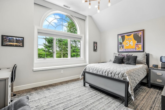 92 Random Farms Dr, Chappaqua, NY 10514 - bedroom featuring lofted ceiling, baseboards, and a chandelier