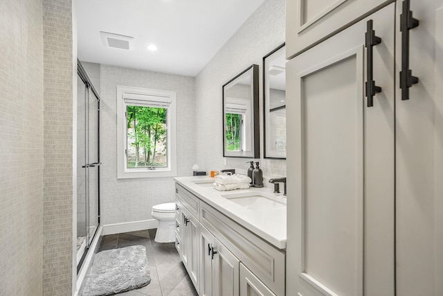 92 Random Farms Dr, Chappaqua, NY 10514 - full bathroom with toilet, a stall shower, tile patterned flooring, tile walls, and double vanity