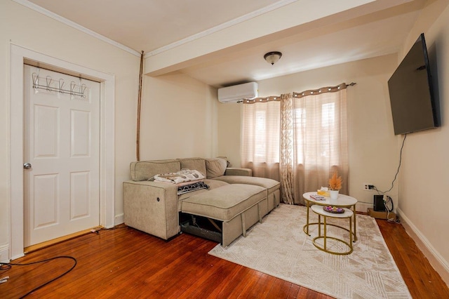 31 Thurman St, Yonkers, NY 10701 - living room with a wall mounted air conditioner, wood finished floors, and crown molding