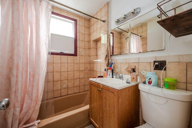 31 Thurman St, Yonkers, NY 10701 - bathroom featuring shower / bath combination with curtain, vanity, tile walls, and tasteful backsplash