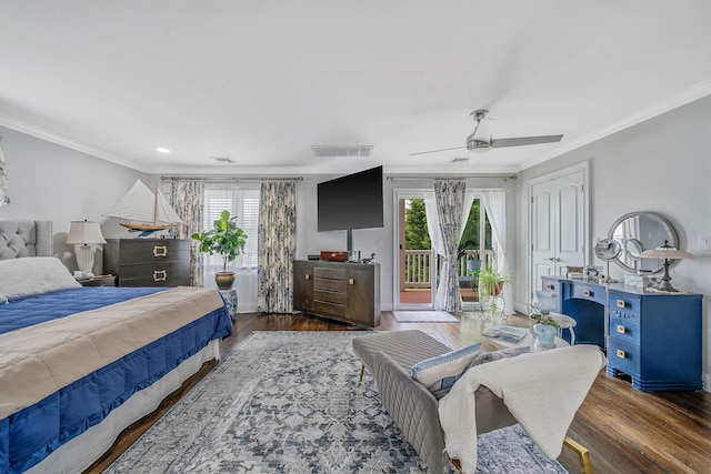 510 Fire Island Ave, Babylon, NY 11702 - bedroom featuring access to outside, multiple windows, wood finished floors, crown molding, and ceiling fan