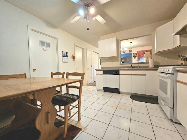 53 Olde Wagon Rd Unit 53, Warwick, NY 10990 - kitchen featuring white appliances, ceiling fan, white cabinets, and extractor fan