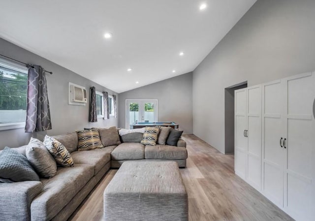 91 Valley Rd, Levittown, NY 11756 - living area featuring vaulted ceiling, light wood-type flooring, recessed lighting, a wall mounted AC, and billiards