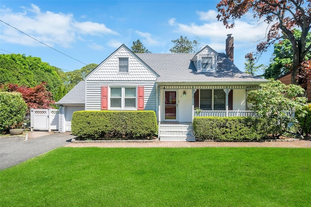 9 Forest Rd, Kings Park, NY 11754 - victorian home with a chimney, a porch, a front lawn, roof with shingles, and a garage