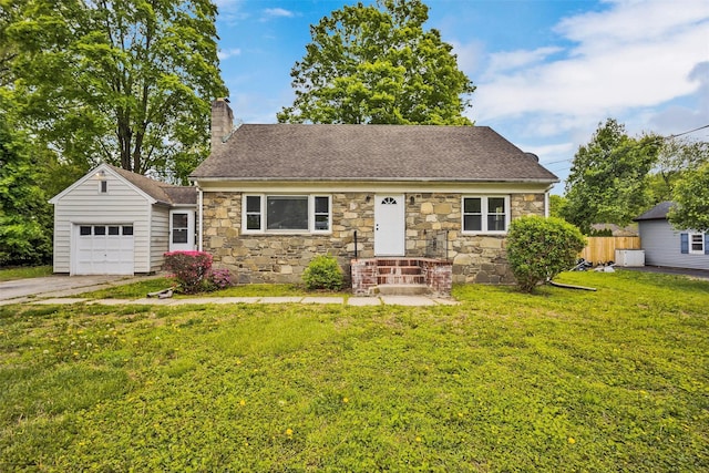 bungalow featuring stone siding, a chimney, a garage, and roof with shingles