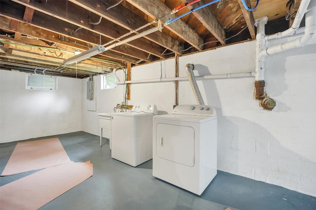 laundry area with washing machine and clothes dryer and electric panel