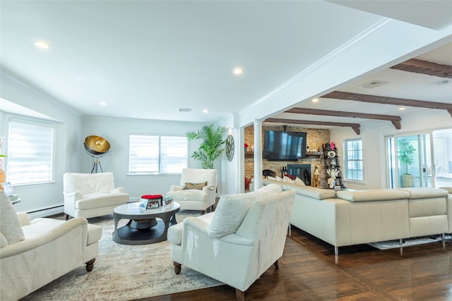 21 Grayon Dr, Dix Hills, NY 11746 - living room with a baseboard radiator, recessed lighting, a large fireplace, ornamental molding, and baseboards