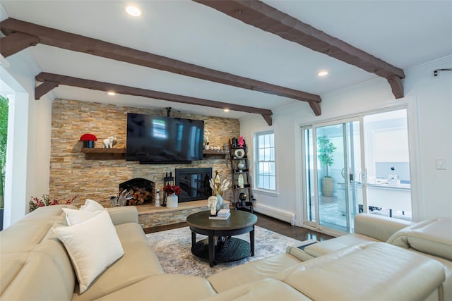 21 Grayon Dr, Dix Hills, NY 11746 - living area with a fireplace, beamed ceiling, wood finished floors, recessed lighting, and a baseboard radiator