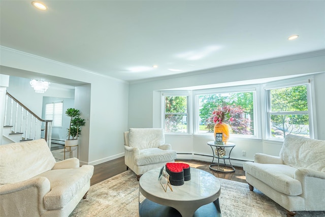 21 Grayon Dr, Dix Hills, NY 11746 - living room featuring stairs, a baseboard heating unit, wood finished floors, recessed lighting, and baseboards