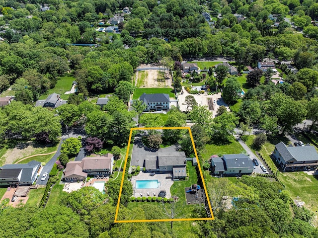 21 Grayon Dr, Dix Hills, NY 11746 - aerial view of residential area featuring property boundaries highlighted and a pool area