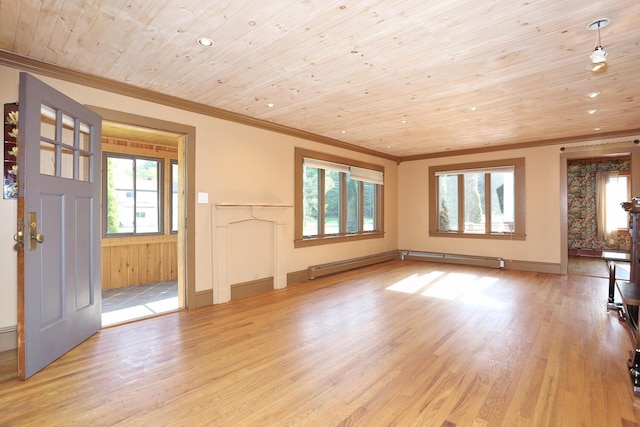 1143 State Route 17b, Mongaup Valley, NY 12762 - unfurnished living room with ornamental molding, light wood finished floors, wood ceiling, recessed lighting, and baseboards