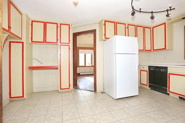 1143 State Route 17b, Mongaup Valley, NY 12762 - kitchen featuring freestanding refrigerator, black dishwasher, a baseboard heating unit, and light tile patterned flooring