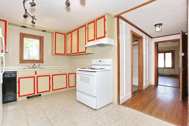 1143 State Route 17b, Mongaup Valley, NY 12762 - kitchen featuring electric stove, under cabinet range hood, black dishwasher, light countertops, and crown molding