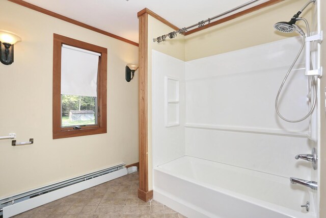 1143 State Route 17b, Mongaup Valley, NY 12762 - bathroom with a baseboard heating unit, shower / bathtub combination, baseboards, ornamental molding, and tile patterned floors