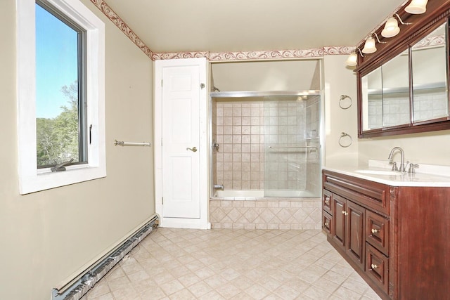 1143 State Route 17b, Mongaup Valley, NY 12762 - bathroom with a baseboard radiator, vanity, tile patterned floors, and tiled shower / bath