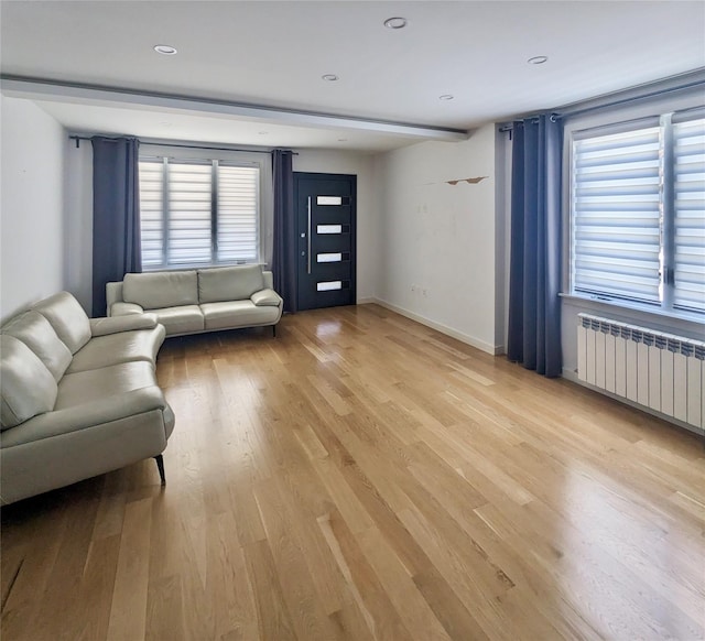 58-09 61st St, Maspeth, NY 11379 - living area with radiator heating unit, light wood-type flooring, and healthy amount of natural light