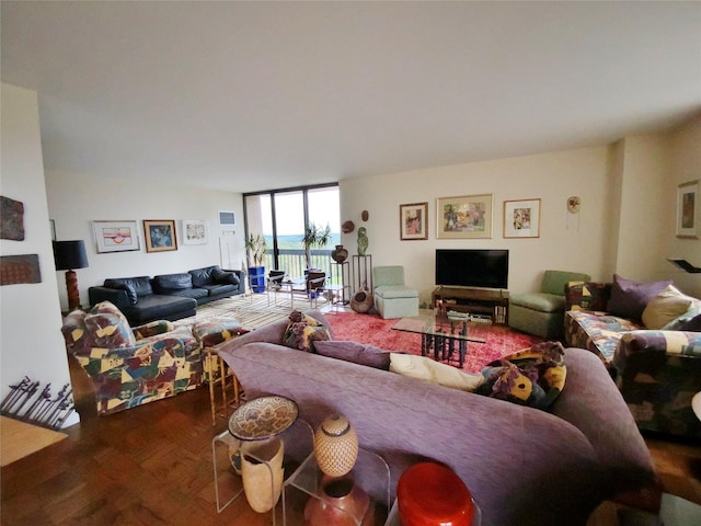 living area with a wall of windows