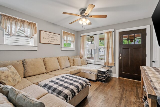 108 Homestead Ave, Maybrook, NY 12543 - living area featuring dark wood-style floors, a ceiling fan, and baseboards