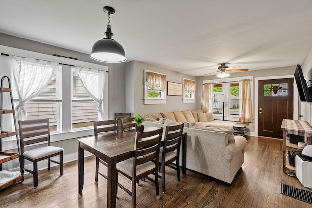 108 Homestead Ave, Maybrook, NY 12543 - dining space featuring a ceiling fan, dark wood finished floors, and baseboards