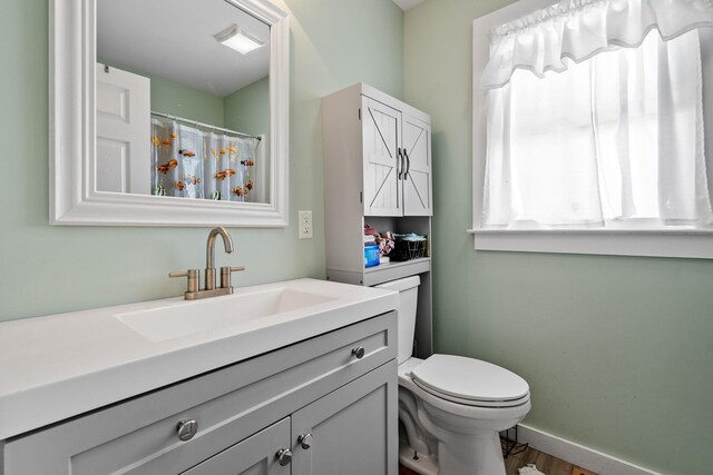 108 Homestead Ave, Maybrook, NY 12543 - full bathroom featuring vanity, toilet, baseboards, wood finished floors, and a shower with curtain