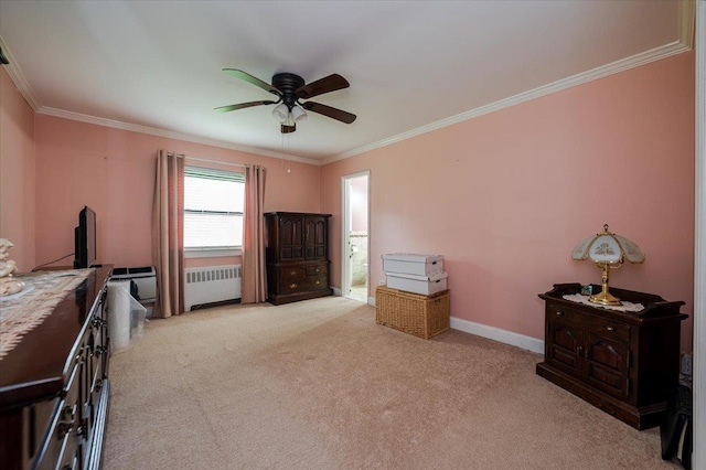 bedroom featuring radiator heating unit, ornamental molding, light colored carpet, ceiling fan, and baseboards