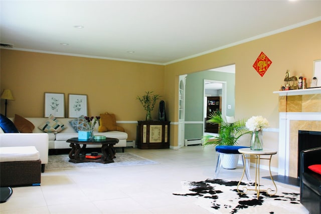 21 Rivers Dr, Great Neck, NY 11020 - living room with crown molding, a baseboard heating unit, a premium fireplace, tile patterned flooring, and baseboards