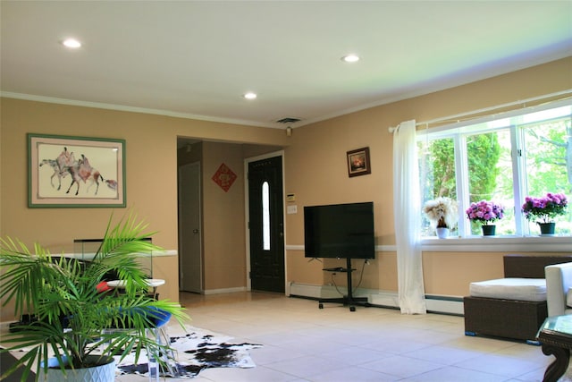21 Rivers Dr, Great Neck, NY 11020 - living area featuring light tile patterned flooring, crown molding, recessed lighting, and baseboards