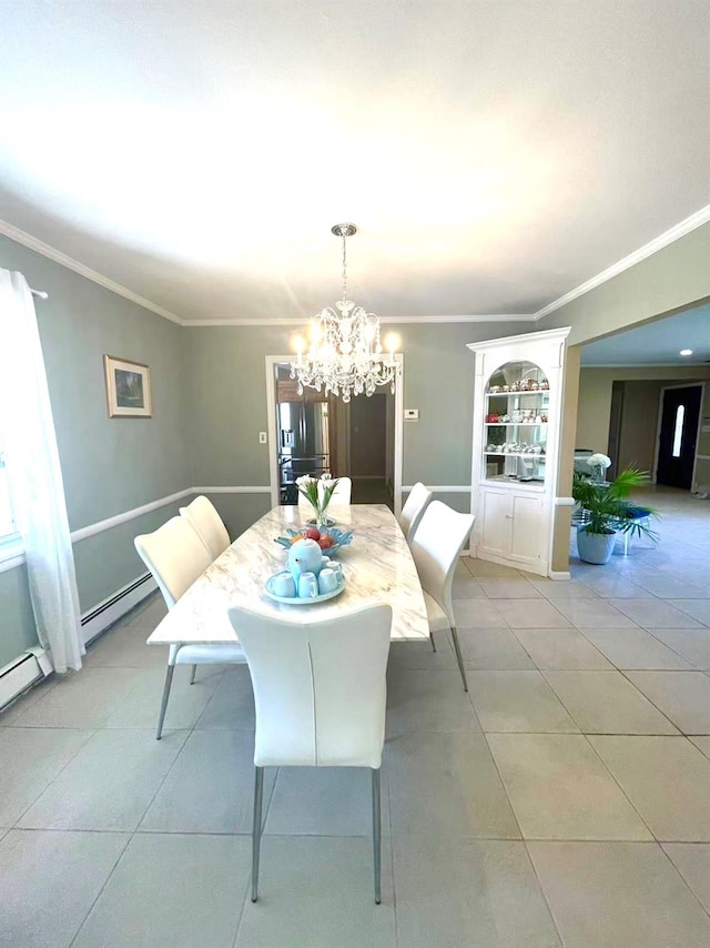 21 Rivers Dr, Great Neck, NY 11020 - dining space with crown molding, a chandelier, light tile patterned floors, and baseboard heating