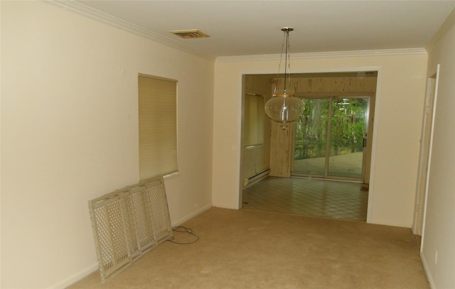 hallway with baseboard heating, carpet floors, and ornamental molding