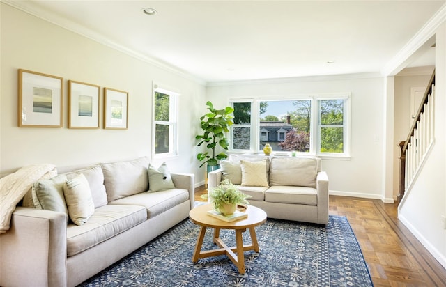 living room with baseboards, healthy amount of natural light, stairway, crown molding, and recessed lighting