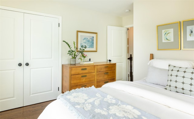 bedroom featuring dark wood finished floors and a closet