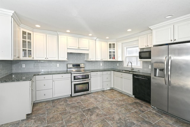 63 William St, Copiague, NY 11726 - kitchen featuring black appliances, a sink, glass insert cabinets, tasteful backsplash, and recessed lighting