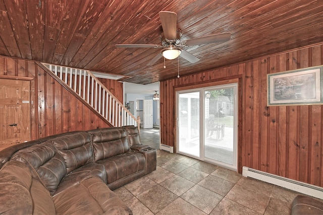 63 William St, Copiague, NY 11726 - living room featuring a baseboard radiator, wooden walls, a ceiling fan, stairs, and wood ceiling
