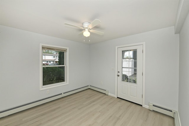 63 William St, Copiague, NY 11726 - unfurnished room with a baseboard radiator, light wood-style flooring, a ceiling fan, and baseboards