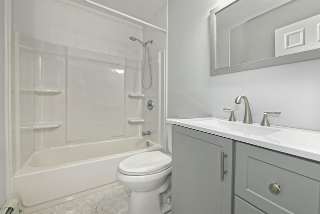 63 William St, Copiague, NY 11726 - full bath with a baseboard radiator, toilet, vanity, bathtub / shower combination, and tile patterned flooring