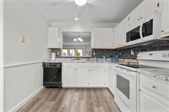 37 Spruce St, Pawling, NY 12564 - kitchen featuring white appliances, a sink, white cabinets, light wood-style flooring, and a ceiling fan