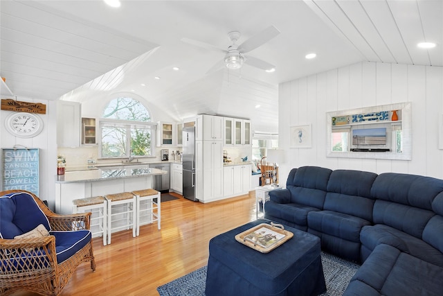 67 N Rd Unit A, Hampton Bays, NY 11946 - living room featuring lofted ceiling, light wood-style floors, ceiling fan, and recessed lighting